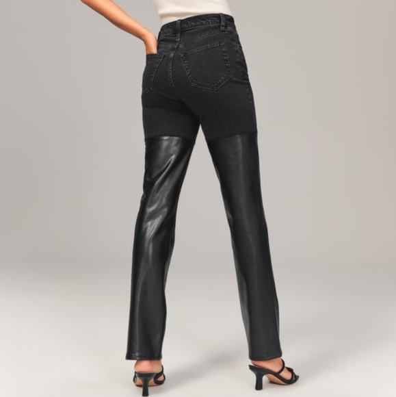 A&F ♡ faux leather black jeans 32 / 14 90s straight ultra high rise abercrombie - Picture 11 of 12